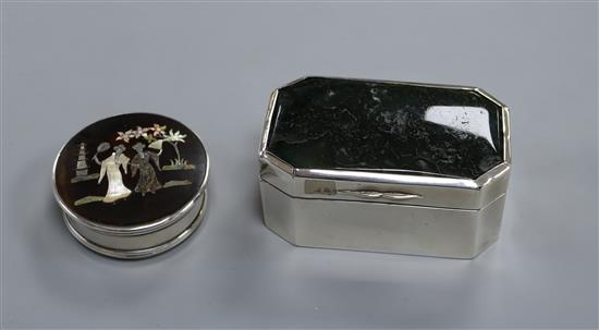 A rectangular silver trinket box with canted corners and moss agate top and a circular silver and tortoiseshell box